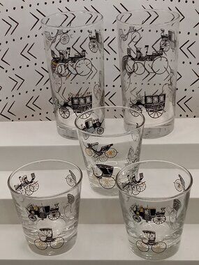 BAR Glasses Antique Cars Black Gold VTG MCM 5 Pc Barware Cocktails 12 & 4 OZ